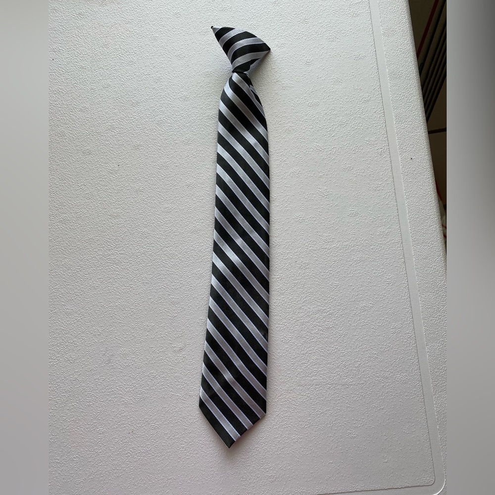 Black and Gray Striped Clip On Tie